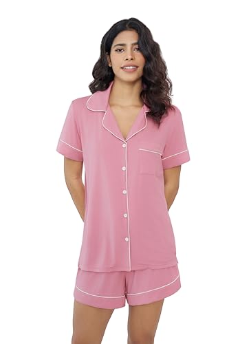 Joyaria Schlafanzug Damen Kurz Pyjama Set Kurzarm mit Knopfleiste/Knöpfe Bambus Weich Nachtwäsche Hausanzug(Staubige Rosa, Größe L) von Joyaria