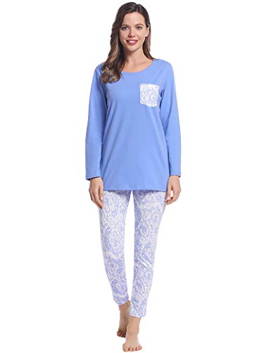 Joyaria Schlafanzug Damen Lang, Baumwolle Pyjama Zweiteiliger Leicht Langem Nachtwäsche Sets für Frauen mit Print Pyjama Leggings（Hellblau,Größe L von Joyaria