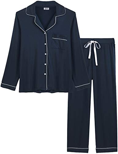 Joyaria Damen Schlafanzug Lang mit Knopfleiste/Winter Knöpfen Pyjama Langarm für Winter Nachtwäsche Hausanzug Zweiteiliger （Marineblaue,Größe L von Joyaria