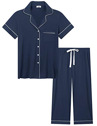 Joyaria Pyjama Set Damen Kurzarm mit Knopfleiste Schlafanzug Kurz für Frauen Zweiteiliger Nachtwäsche Hausanzug Sleepshirt und Caprihose(Marineblau,XL) von Joyaria