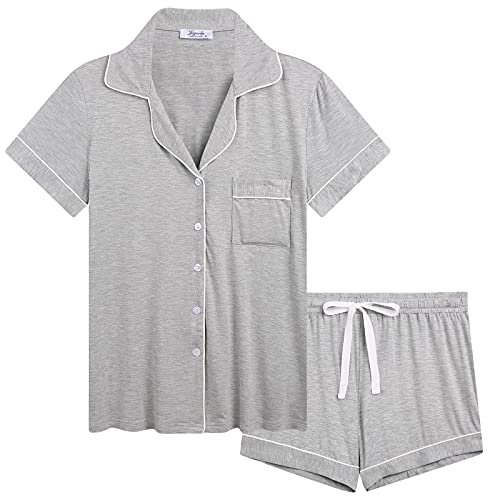 Joyaria Damen Pyjama Kurz Baumwolle Schlafanzug mit Knopfleiste/Knöpfe Geknöpft Kurzarm Nachtwäsche Hausanzug(Grau, Größe XL) von Joyaria