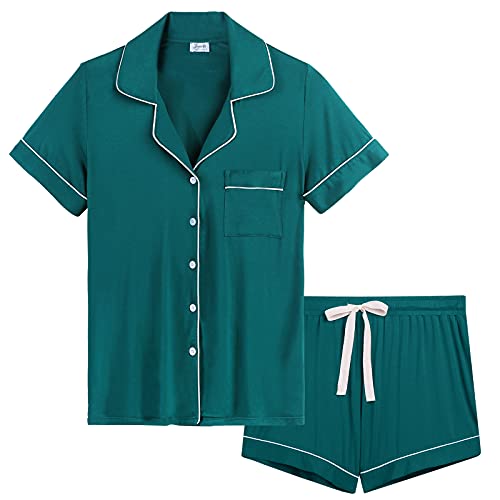 Joyaria Damen Pyjama Kurz Baumwolle Schlafanzug mit Knopfleiste/Knöpfe Geknöpft Kurzarm Nachtwäsche Hausanzug(Grün, Größe XL) von Joyaria