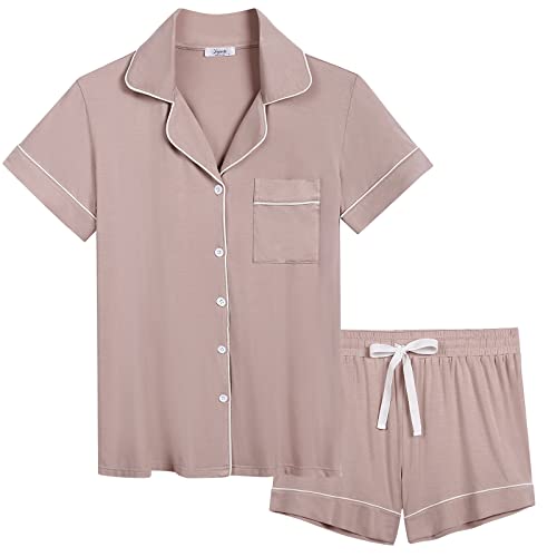 Joyaria Schlafanzug Damen Pyjama Knopfleiste Kurze Zweiteilige Shorts Schlafanzughose Pj Set mit Kurzarm(Hellrosa,Größe XL) von Joyaria