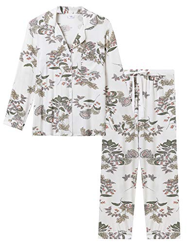 Joyaria Damen Schlafanzug Lang mit Knopfleiste/Winter Knöpfen Pyjama Langarm für Winter Nachtwäsche Hausanzug Zweiteiliger （Blumen,Größe XL von Joyaria