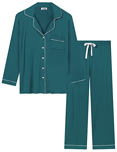 Joyaria Damen Schlafanzug Langarm Pyjama Set mit Knopfleiste Warme Loungwear Winter Hausanzug Sleepwear Zweiteiliger(Grün,XL) von Joyaria