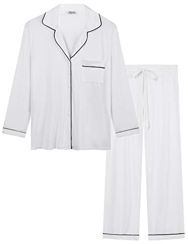 Joyaria Damen Schlafanzug Lang mit Knopfleiste/Winter Knöpfen Pyjama Langarm für Winter Nachtwäsche Hausanzug Zweiteiliger （Weiß,Größe XL von Joyaria