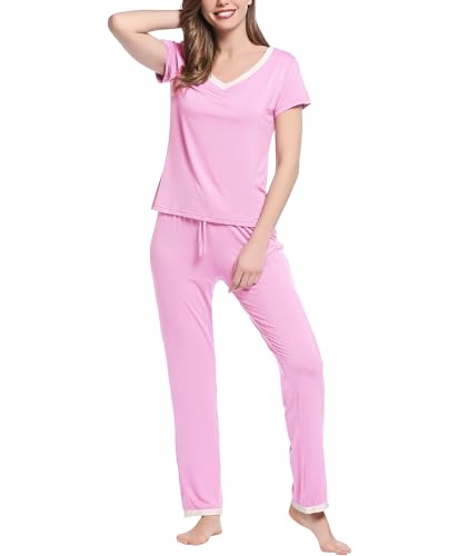 Joyaria Schlafanzug Damen Sommer Pyjama Set für Frauen Kurz Oberteil mit Lange Schlafhose Hausanzug Zweiteiliger Nachtwäsche Sleepwear(Rose,L) von Joyaria