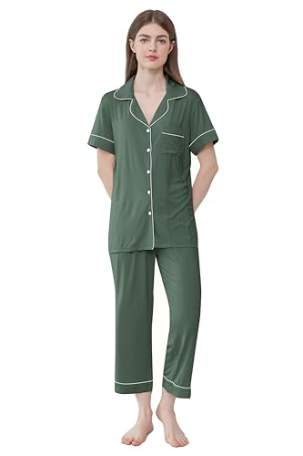 Joyaria Schlafanzug Damen Viskose Sommer Pyjamas für Frauen mit Knöpfe - V-Ausschnitt Kurzarm und 3/4 Hose Loungewear Kurz Zweiteiliger Nachtwäsche Sleepwear(Oliv Grün,XXL) von Joyaria