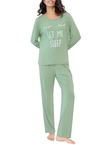 Joyaria Schlafanzug Damen Frühling Pyjama Damen Lang Zweiteilige Nachtwäsche Langarm Top Rundhalsausschnitt und Pyjamahose mit Tupfen Hausanzug Sleepwear(Salbei Grün,L) von Joyaria