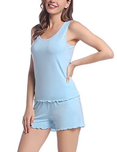 Joyaria Schlafanzug Damen Kurz Sommer Zweiteilige Viskose Pyjama-Set mit Ärmellos-Top und Kurz Hose Hausanzug Nachtwäsche Weich Sleepwear(Hellblau,Größe XL) von Joyaria