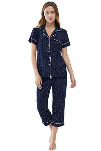 Joyaria Schlafanzug Damen Kurzarm Zweiteiliger Pyjama Set Kurz Sommer Nachtwäsche V-Ausschnitt Hausanzug Viskose Sleepwear mit Knöpfe und Caprihose(Marineblaue Punkte,L) von Joyaria