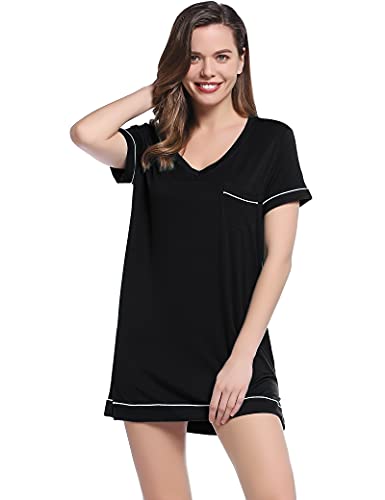 Joyaria Nachtwäsche Damen Kurzarm Nachthemd Sommer Coole Schlafshirt Leicht Sleepshirt Weicht Schlafhemd Bequme Viskose Nachtkleid(Schwarz,M) von Joyaria