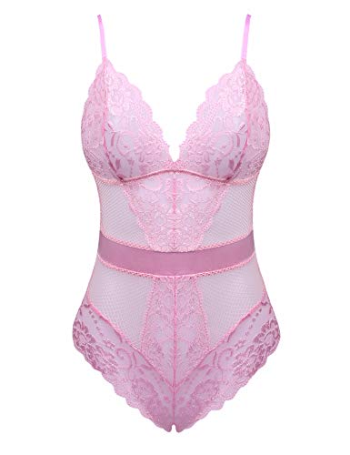 Joyaria Wäsche Body Shapewear Elegant Spitze BodysuitTransparent Heißes Outfit(Pink,XL) von Joyaria