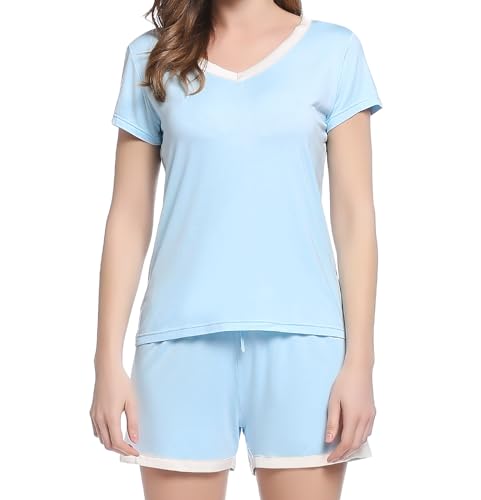 Joyaria Shorty Pyjama Damen Kurzarm Schlafanzug Frauen Kurzärmeliges Nachtwäsche Sommer Sleepwear(Hellblau, Klein) von Joyaria