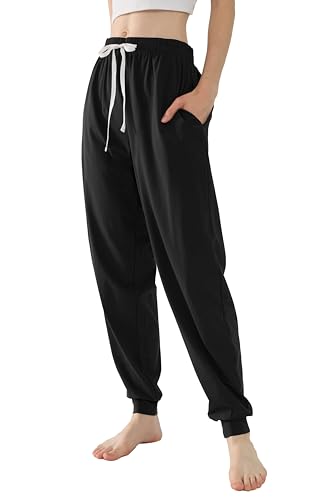 Joyaria Sporthose Damen Baumwolle Lang Jogginghose Slim fit Sweathose Freizeithose Gummizug für Frauen Sweatpants(Schwarz, L) von Joyaria