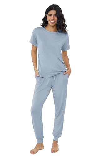 Pyjama Damen Sommer Schlafanzug Kurze-Top und Lange Joggerhose mit Zwei Seitentaschen Loungewear Zweiteiliger Hausanzug(Nebel Blau,XXL) von Joyaria