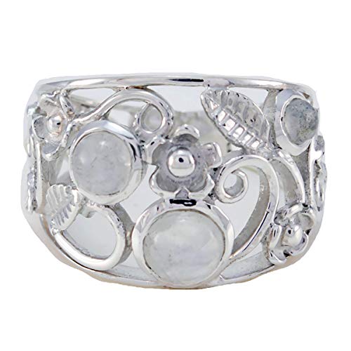 Joyas Plata natürlichen Edelstein runde Form drei Stein Cabochon Regenbogen Mondstein Ringe - solide Silber weiÃŸ Regenbogen Mondstein Ring - Juli Geburt Krebs Astrologie natürlichen Edelstein Ring von Joyas Plata