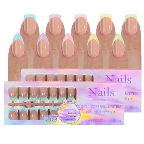 Joyeee Fake Nails, 300 Stück French Press on Nails, 5 Farben, 2 Nagelformen, 15 Größe, Soft Gel, Full Cover, Almond Nail Tips für Mädchen und Frauen von Joyeee
