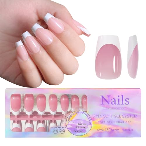Joyeee French Press on Nails, 150 Stück Fake Nails, 5 Farben 15 Größe Nägel Zum Aufkleben Kurz, Soft Gel Press on Nail Full Cover Künstliche Nägel Square Nail Tips für Mädchen Frauen von Joyeee