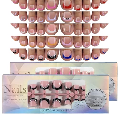 Joyeee Fußnägel Tips, 240 Stück Fake Nails Frech Press on Nails, 10 Farben 12 Größe Nägel Zum Aufkleben Kurz, Soft Gel Press on Nail Full Cover Künstliche Nägel Nail Tips für Mädchen Frauen von Joyeee