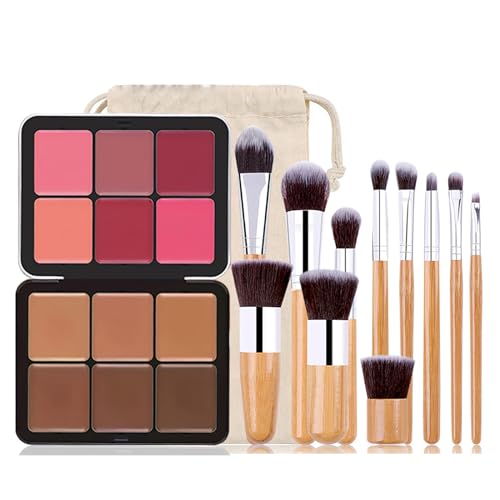 Joyeee Makeup Rouge-Palette + Creme-Konturpaletten-Set, mit 11 Make-up-Pinseln, Kontur-Concealer-Palette für mitteldunkle Haut zum Kaschieren von Augenringen, Rötungen, Akne, Hautunreinheiten von Joyeee