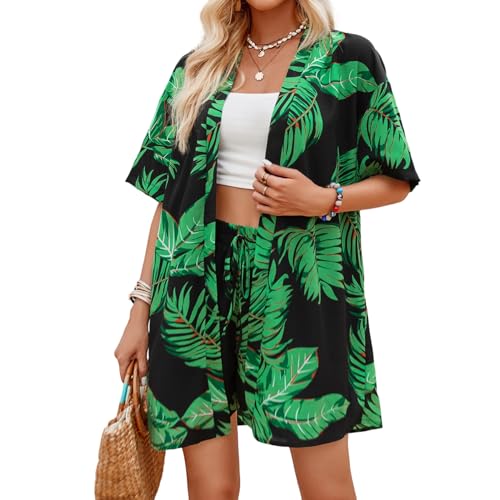 Joyesplay Hawaii Hemd Damen,Hawaii Outfit Damen Hawaii Outfit Kurzarm und Shirt Shorts für Sommer Strand (DE/NL/SE/PL, Alphanumerisch, XL, Regular, Regular, Grün) von Joyesplay