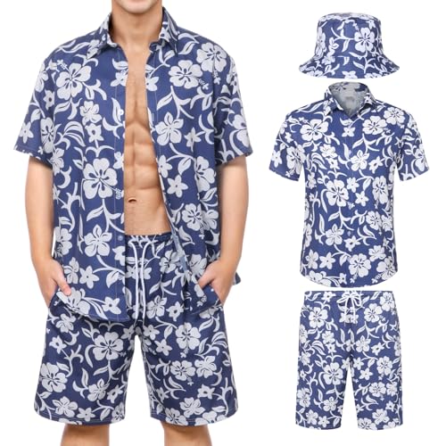 Joyesplay Hawaii Hemd Outfit Herren,3 Pcs Hawaii Outfit Männer mit Blumen Hemd Shorts Fischerhut Hawaiihemd für Sommer Set Beach Outfit Männer von Joyesplay