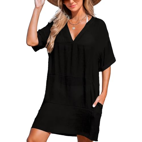 Joyesplay Strandkleid Damen Sommer, Bikini Cover Up Strandtunika Strandkleider V-Hals Atmungsaktiv Tunika Blusenkleid (DE/NL/SE/PL, Alphanumerisch, L, Regular, Regular, Stil 3 Schwarze) von Joyesplay