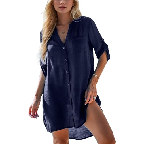 Joyesplay Strandkleid Damen Sommer, Bikini Cover Up Strandtunika Strandkleider V-Hals Atmungsaktiv Tunika Blusenkleid (DE/NL/SE/PL, Alphanumerisch, M, Regular, Regular, Stil 2 Blau) von Joyesplay