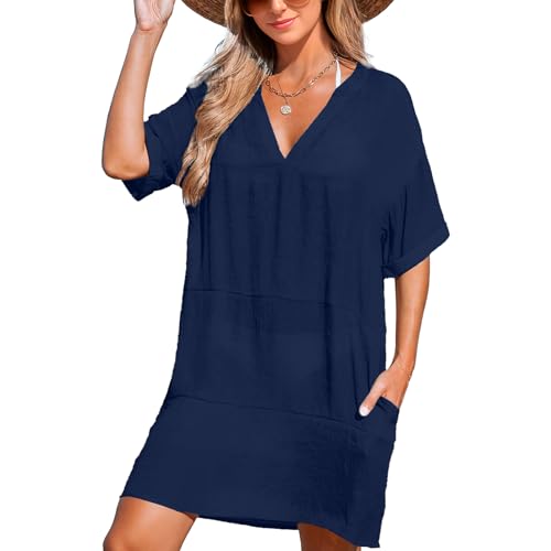 Joyesplay Strandkleid Damen Sommer, Bikini Cover Up Strandtunika Strandkleider V-Hals Atmungsaktiv Tunika Blusenkleid (DE/NL/SE/PL, Alphanumerisch, M, Regular, Regular, Stil 3 Blau) von Joyesplay
