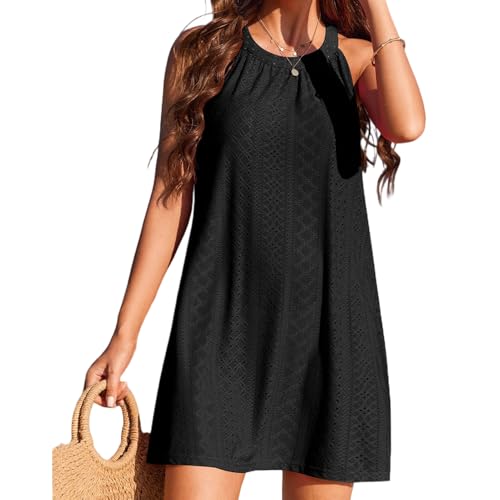 Joyesplay Strandkleid Damen Sommer, Bikini Cover Up Strandtunika Strandkleider V-Hals Atmungsaktiv Tunika Blusenkleid (DE/NL/SE/PL, Alphanumerisch, XL, Regular, Regular, Stil 1 Schwarze) von Joyesplay