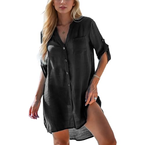 Joyesplay Strandkleid Damen Sommer, Bikini Cover Up Strandtunika Strandkleider V-Hals Atmungsaktiv Tunika Blusenkleid (DE/NL/SE/PL, Alphanumerisch, XL, Regular, Regular, Stil 2 Schwarze) von Joyesplay