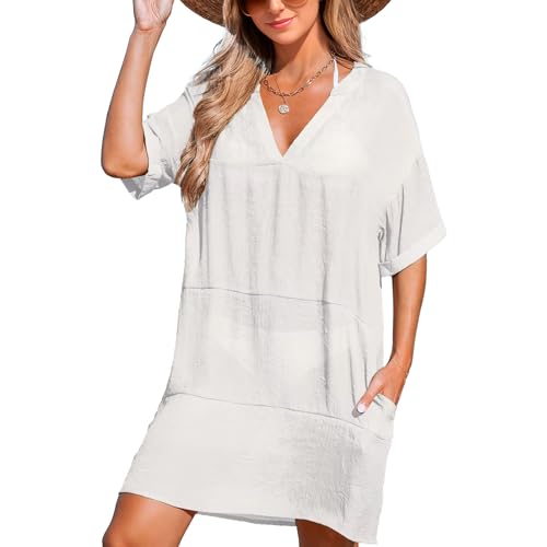 Joyesplay Strandkleid Damen Sommer, Bikini Cover Up Strandtunika Strandkleider V-Hals Atmungsaktiv Tunika Blusenkleid (DE/NL/SE/PL, Alphanumerisch, XL, Regular, Regular, Stil 3 Weiß) von Joyesplay