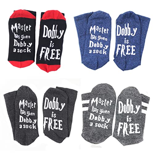 Joyfeel's Store 4 Paare Master Has Given Dobby a Sock Dobby is Free Socken Neuheit Lustige Sprichwort Baumwolle Crew Baumwoll Socken für Damen Herren Geschenk von Simoda