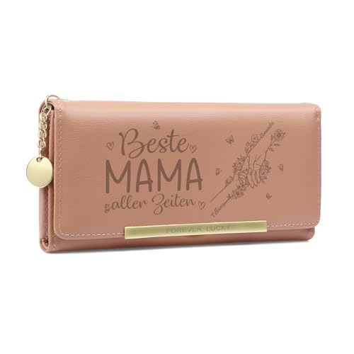 Joyforisa Personalisierte Geldbörse Damen mit Hand-in-Hand Motiv – Rosa Portmonee mit Namen von Kindern Geschenk für Mama zum Muttertag Geburtstag Damen Geldbörse PU Leder (2 Namen) von Joyforisa