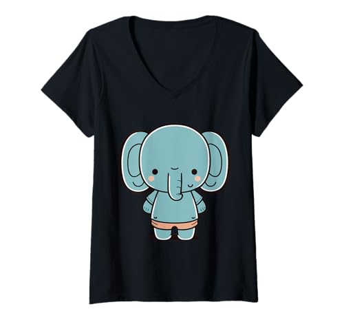 Damen Baby Elefant Cartoon T-Shirt mit V-Ausschnitt Damen Baby Elefant Cartoon T-Shirt mit V-Ausschnitt von Joyful Doodles