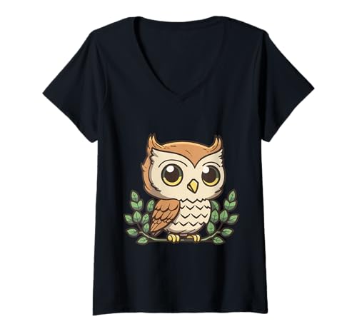 Damen Charmante Cartoon-Eule mit großen Augen T-Shirt mit V-Ausschnitt Damen Charmante Cartoon-Eule mit großen Augen T-Shirt mit V-Ausschnitt von Joyful Doodles