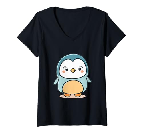 Damen Entzückende Cartoon-Pinguin-Illustration T-Shirt mit V-Ausschnitt Damen Entzückende Cartoon-Pinguin-Illustration T-Shirt mit V-Ausschnitt von Joyful Doodles