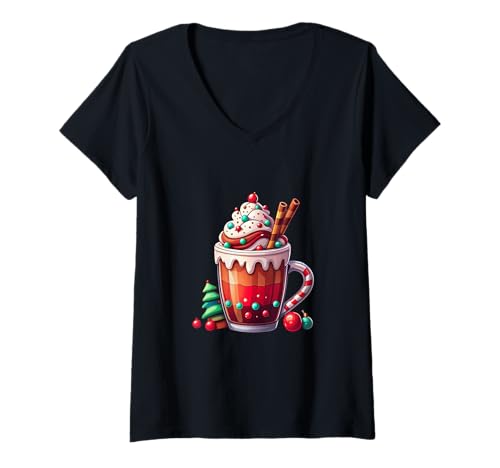 Damen Festive Pumpkin Spice Latte Schlagsahne und Zuckerstange T-Shirt mit V-Ausschnitt Damen Festive Pumpkin Spice Latte Schlagsahne und Zuckerstange T-Shirt mit V-Ausschnitt von Joyful Doodles