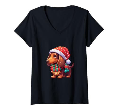 Damen Festlicher Dackel Weihnachtsfreude T-Shirt mit V-Ausschnitt Damen Festlicher Dackel Weihnachtsfreude T-Shirt mit V-Ausschnitt von Joyful Doodles