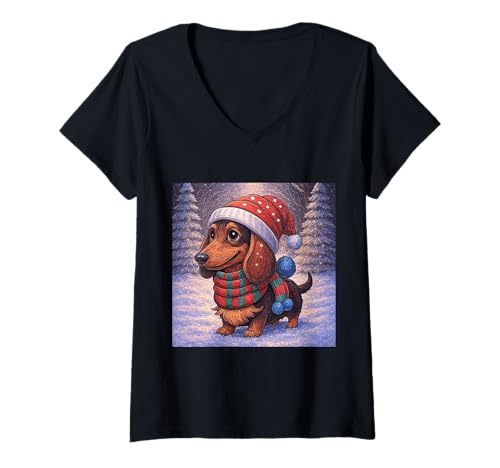Damen Festlicher Dackel Weihnachtsfreude T-Shirt mit V-Ausschnitt Damen Festlicher Dackel Weihnachtsfreude T-Shirt mit V-Ausschnitt von Joyful Doodles
