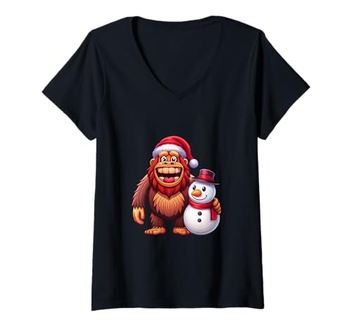 Damen Festlicher Weihnachts-Bigfoot mit Schneemann T-Shirt mit V-Ausschnitt Damen Festlicher Weihnachts-Bigfoot mit Schneemann T-Shirt mit V-Ausschnitt von Joyful Doodles