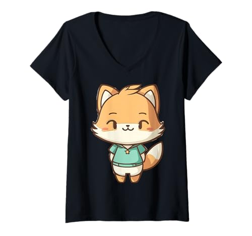 Damen Freundlicher Fuchs-Zeichentrickfigur T-Shirt mit V-Ausschnitt Damen Freundlicher Fuchs-Zeichentrickfigur T-Shirt mit V-Ausschnitt von Joyful Doodles