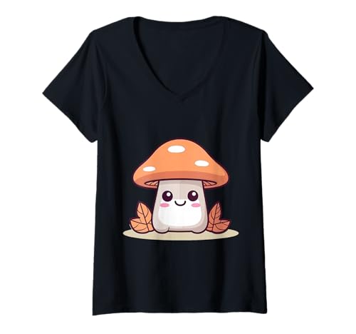 Damen Fröhlicher Herbstpilz mit Herbstlaub T-Shirt mit V-Ausschnitt Damen Fröhlicher Herbstpilz mit Herbstlaub T-Shirt mit V-Ausschnitt von Joyful Doodles