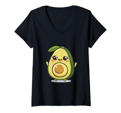 Damen Happy Avocado Cartoon Charakter T-Shirt mit V-Ausschnitt Damen Happy Avocado Cartoon Charakter T-Shirt mit V-Ausschnitt von Joyful Doodles