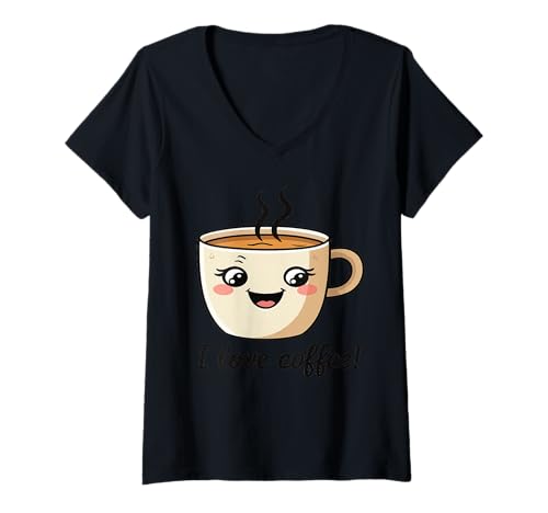 Damen I Love Coffee - Smiling Tasse mit Dampf T-Shirt mit V-Ausschnitt Damen I Love Coffee - Smiling Tasse mit Dampf T-Shirt mit V-Ausschnitt von Joyful Doodles