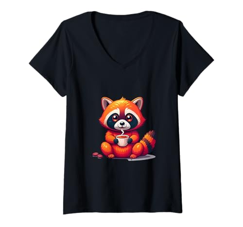 Damen Kaffee-Waschbär – Herbstmotiv T-Shirt mit V-Ausschnitt Damen Kaffee-Waschbär – Herbstmotiv T-Shirt mit V-Ausschnitt von Joyful Doodles