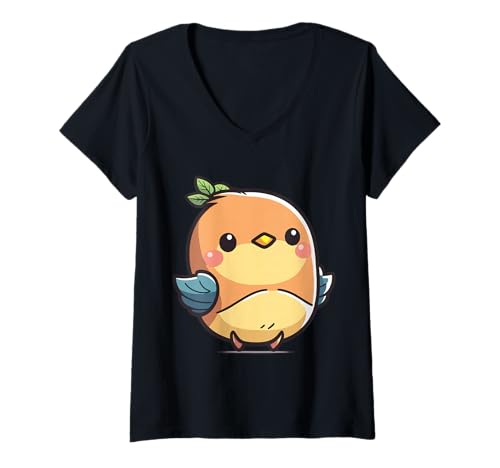 Damen Niedlicher Cartoon-Vogel mit Blättern T-Shirt mit V-Ausschnitt Damen Niedlicher Cartoon-Vogel mit Blättern T-Shirt mit V-Ausschnitt von Joyful Doodles