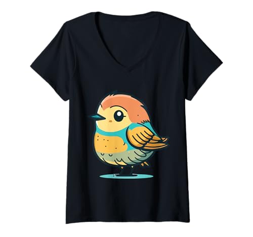 Damen Niedlicher bunter Vogel T-Shirt mit V-Ausschnitt Damen Niedlicher bunter Vogel T-Shirt mit V-Ausschnitt von Joyful Doodles