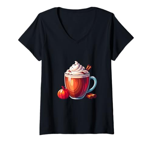 Damen Pumpkin Spice Latte Herbst Kaffee T-Shirt mit V-Ausschnitt Damen Pumpkin Spice Latte Herbst Kaffee T-Shirt mit V-Ausschnitt von Joyful Doodles